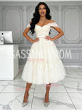Beige Off The Shoulder Tea Length Tulle Prom Dress