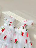 Toddler Girls Ruffle Trim Cherry Embroidered Butterfly Mesh Princess Dress