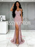 Straps Sweetheart Pink Mermaid Sequin Prom Dress With Slit