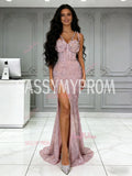 Straps Sweetheart Pink Mermaid Sequin Prom Dress With Slit