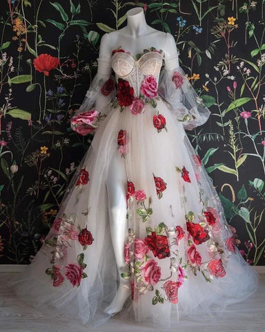 Flowers Appliques Princess A Line Champagne Prom Dress With Slit Flowers Appliques Princess A Line Champagne Prom Dress With Slit