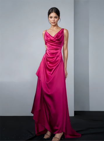 V Neck Satin Fuchsia A Line Prom Dress