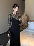 Sheer Long Sleeves Black Lace Maxi Dress