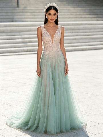 Pink & Green Tulle Flower A Line V Neck Prom Dress