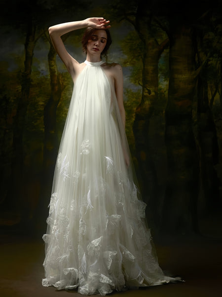 Halter Tulle Backless White Flower Wedding Dress US8 / Pink