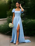 Square Satin Trumpet Mermaid Puffy Sleeve Blue Prom Dress With Slit