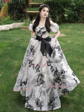 Off The Shoulder Tulle Black Flower Print Prom Dress