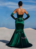 Trumpet Mermaid Dark Green Satin Beading Prom Dress With Slit