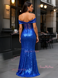 Royal Blue Sheer Back Sequin Trumpet Mermaid Prom Dress With Slit