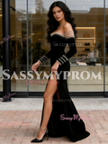 Black Pearls Trumpet Mermaid Off The Shoulder Prom Dress With Slit