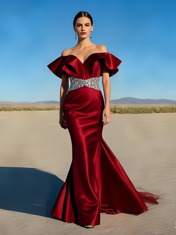 Satin Beading Belt Burgundy Off The Shoulder Prom Dress