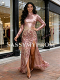 Rose Gold Sequin Floral Print High Neck Prom Dress With Slit