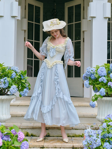 Chiffon Short Sleeve Tie Square Blue Ruffles Prom Dress