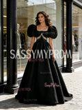 Beading A Line Satin Puffy Sleeve Prom Dress