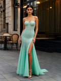 Tulle Sheath Column Beading Mint Green Prom Dress With Slit