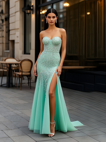 Tulle Sheath Column Beading Mint Green Prom Dress With Slit US2 / Green Tulle Sheath Column Beading Mint Green Prom Dress With Slit US2 / Green