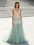 Pink & Green Tulle Flower A Line V Neck Prom Dress