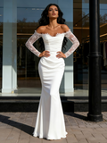 Lace Sleeve Trumpet Mermaid White Off The Shoulder Wedding Dress