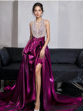 Purple Satin A Line Halter Beading Prom Dress With Slit