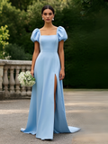 Square Satin Trumpet Mermaid Puffy Sleeve Blue Prom Dress With Slit