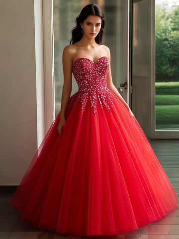 Tulle Ball Gown Red Sweetheart Beading Prom Dress