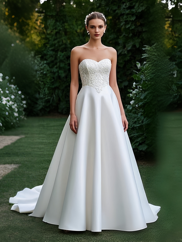 A Line Appliques Satin Sweetheart Wedding Dress