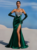 Trumpet Mermaid Dark Green Satin Beading Prom Dress With Slit