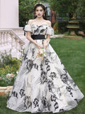 Off The Shoulder Tulle Black Flower Print Prom Dress