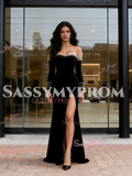Black Pearls Trumpet Mermaid Off The Shoulder Prom Dress With Slit
