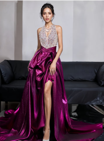 Purple Satin A Line Halter Beading Prom Dress With Slit