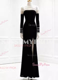 Black Pearls Trumpet Mermaid Off The Shoulder Prom Dress With Slit