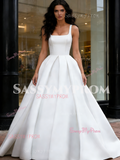 Satin A Line Sleeve Straps Square Wedding Dress