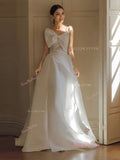 High Low A Line Bow Tulle Strapless Wedding Dress