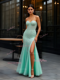 Tulle Sheath Column Beading Mint Green Prom Dress With Slit