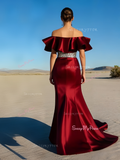 Satin Beading Belt Burgundy Off The Shoulder Prom Dress