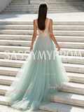 Pink & Green Tulle Flower A Line V Neck Prom Dress