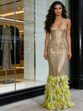 Spaghetti Straps Sequin Trumpet Mermaid Green Feather Prom Dress