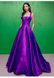 A Line Straps Purple Satin Prom Dress With Pockets