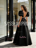 Beading A Line Satin Puffy Sleeve Prom Dress