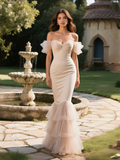 Ruffle Trumpet Mermaid Satin Off The Shoulder Tulle Wedding Dress