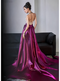 Purple Satin A Line Halter Beading Prom Dress With Slit