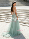 Pink & Green Tulle Flower A Line V Neck Prom Dress