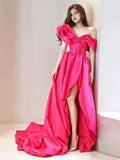 Off The Shoulder Satin A Line Hot Pink Prom Dress With Slit