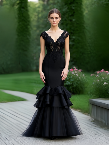 V Neck Trumpet Mermaid Black Cap Sleeve Lace Ruffles Prom Dress