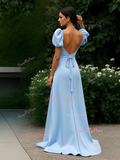 Square Satin Trumpet Mermaid Puffy Sleeve Blue Prom Dress With Slit