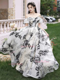 Off The Shoulder Tulle Black Flower Print Prom Dress