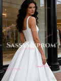 Satin A Line Sleeve Straps Square Wedding Dress