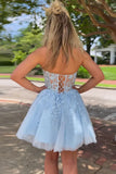 Light Blue Lace Strapless Short Mini Homecoming Dress