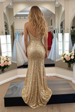 Gold Sequin Trumpet Mermaid Spaghetti Straps Prom Dress