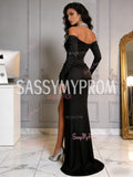 Satin Trumpet Mermaid Black Off The Shoulder Prom Dress With Slit